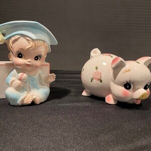 Set of (2) Vintage Ceramic Piggy Banks - Ceramic Pig and Baby Graduate